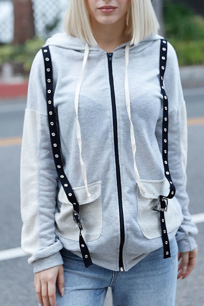 Contrast belt reversed detail zip up hooded sweater (TDG9164)