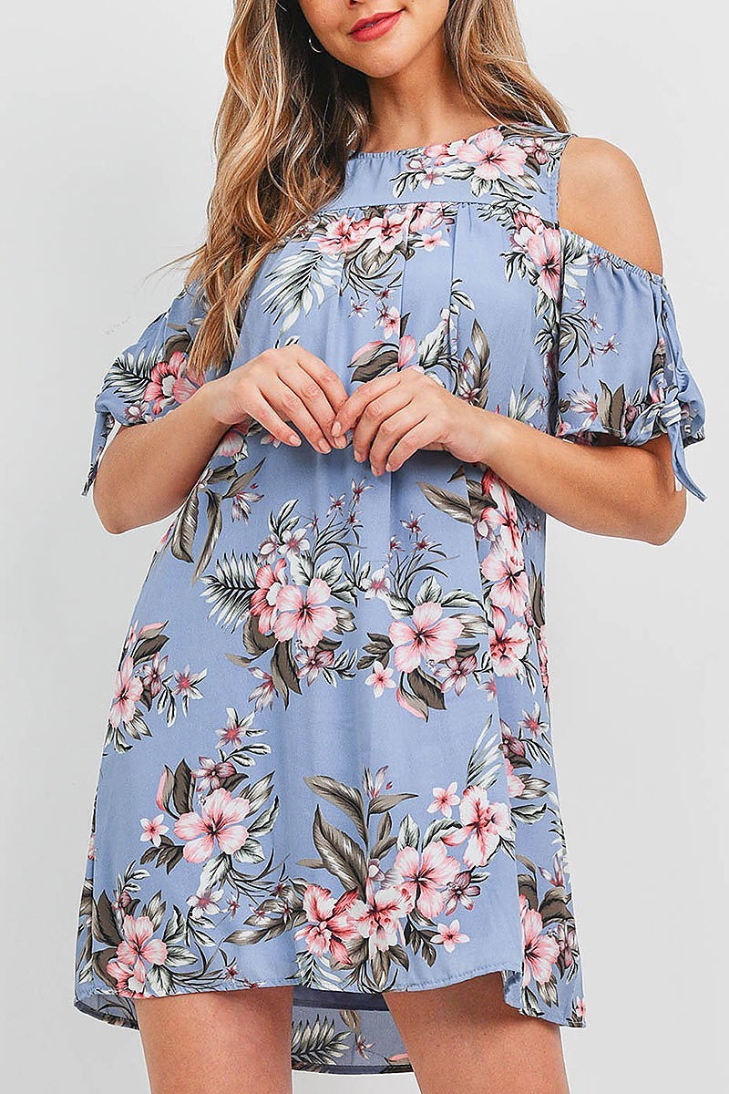 Cutout shoulder tie sleeve floral print dress (DED6703)