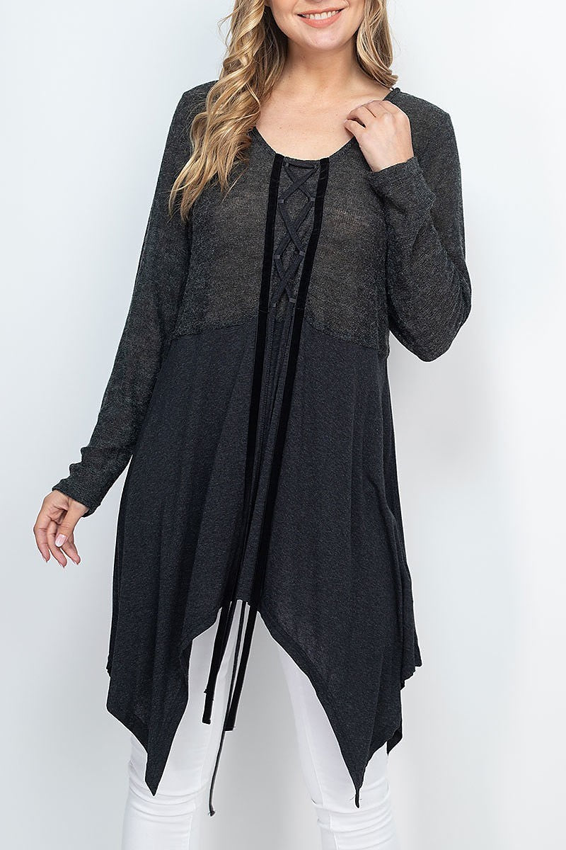 Velvet tape lace up center detail asymmetrical hem tunic top (EF1313)