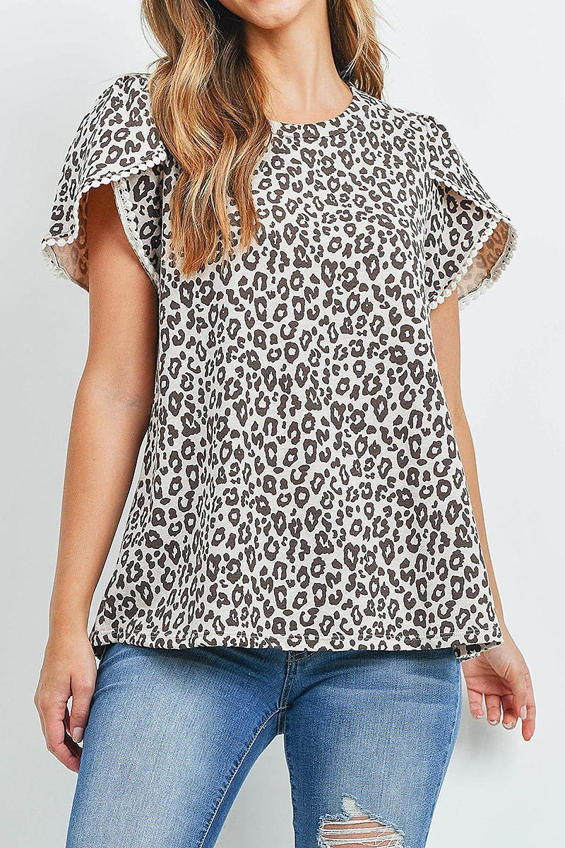 Pompom detail tulip sleeves leopard top (EF1004)