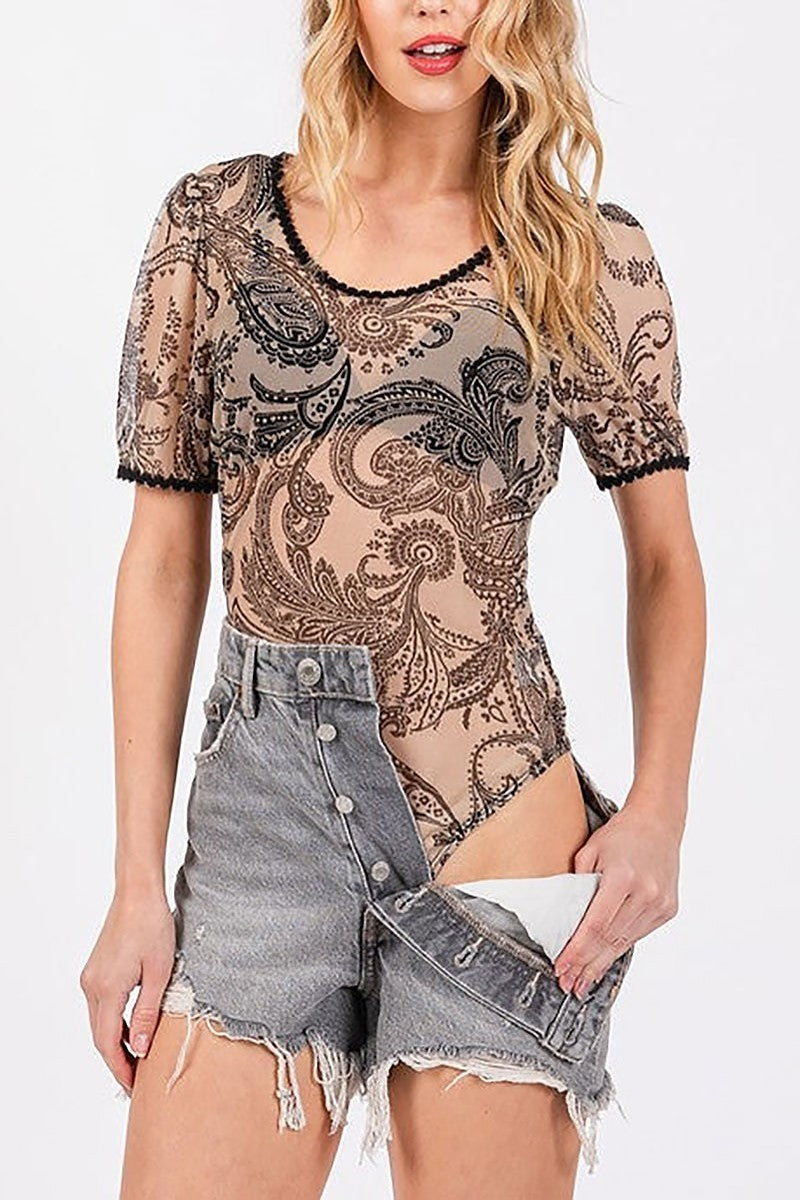 Bohemian mesh print short sleeves bodysuit (EDSW4493)