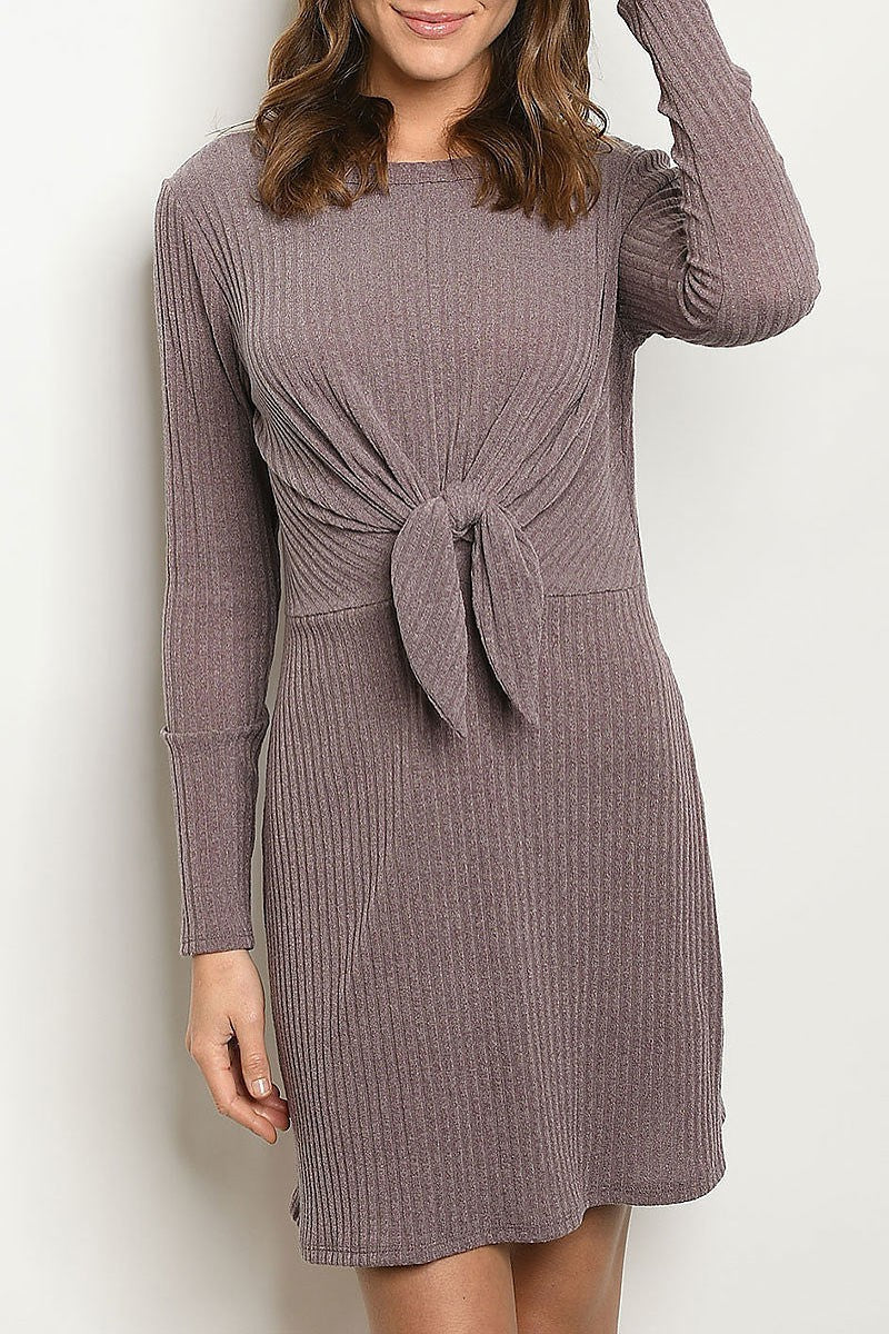 Solid long sleeve tie waist relax fit knit dress (DED5519-LAST)