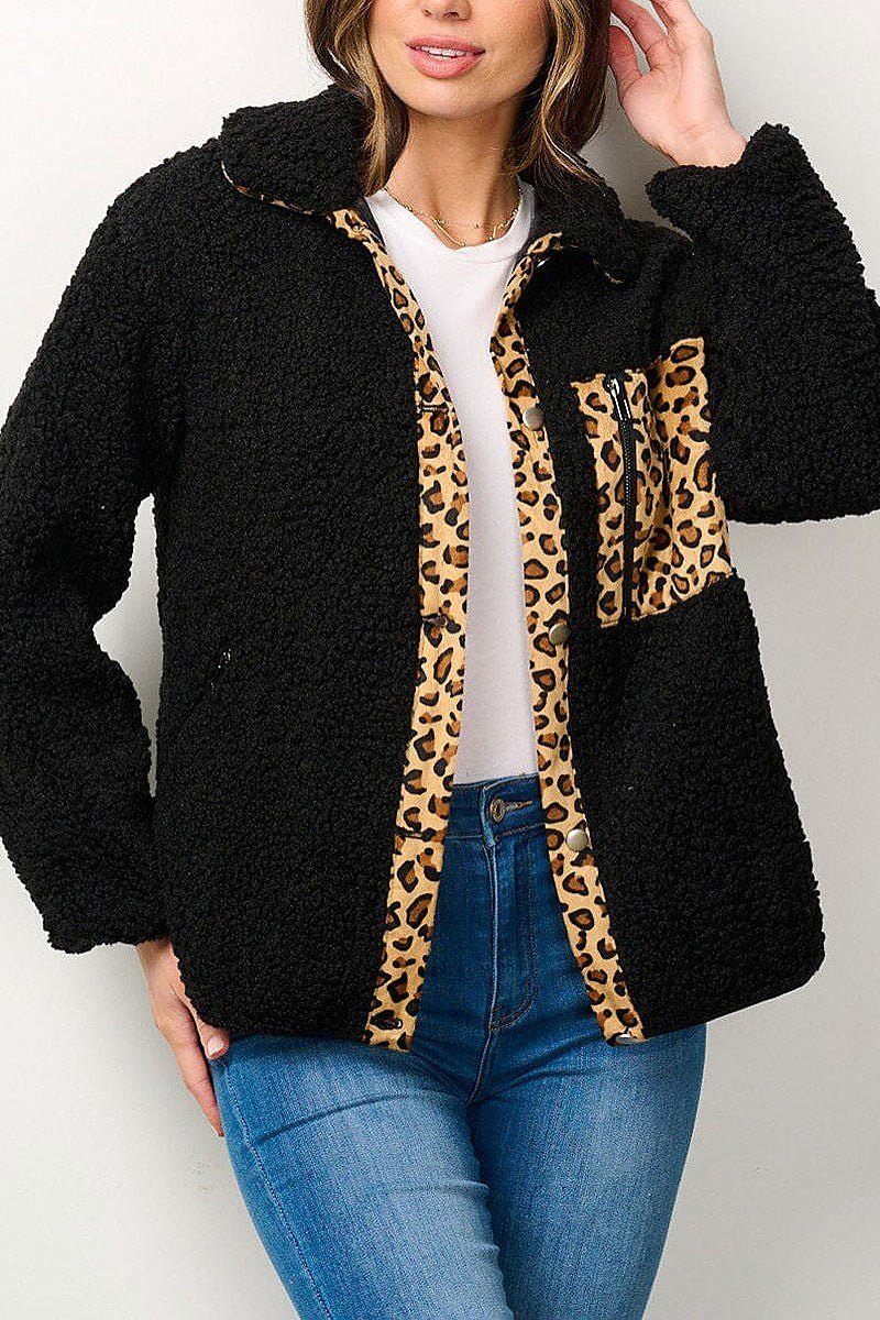 Button closure animal print sherpa jacket (EFWT7000)