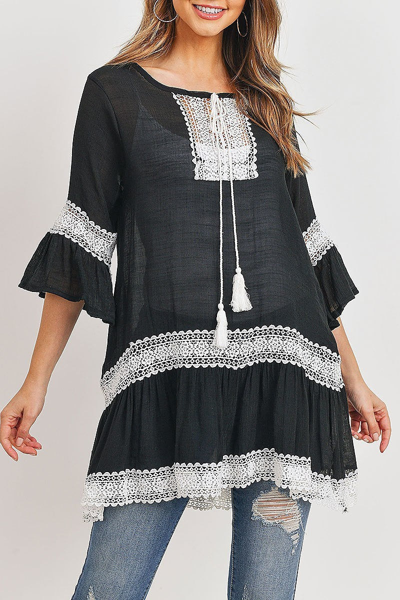 Lace trimmed bell sleeve tunic top (ED8548)