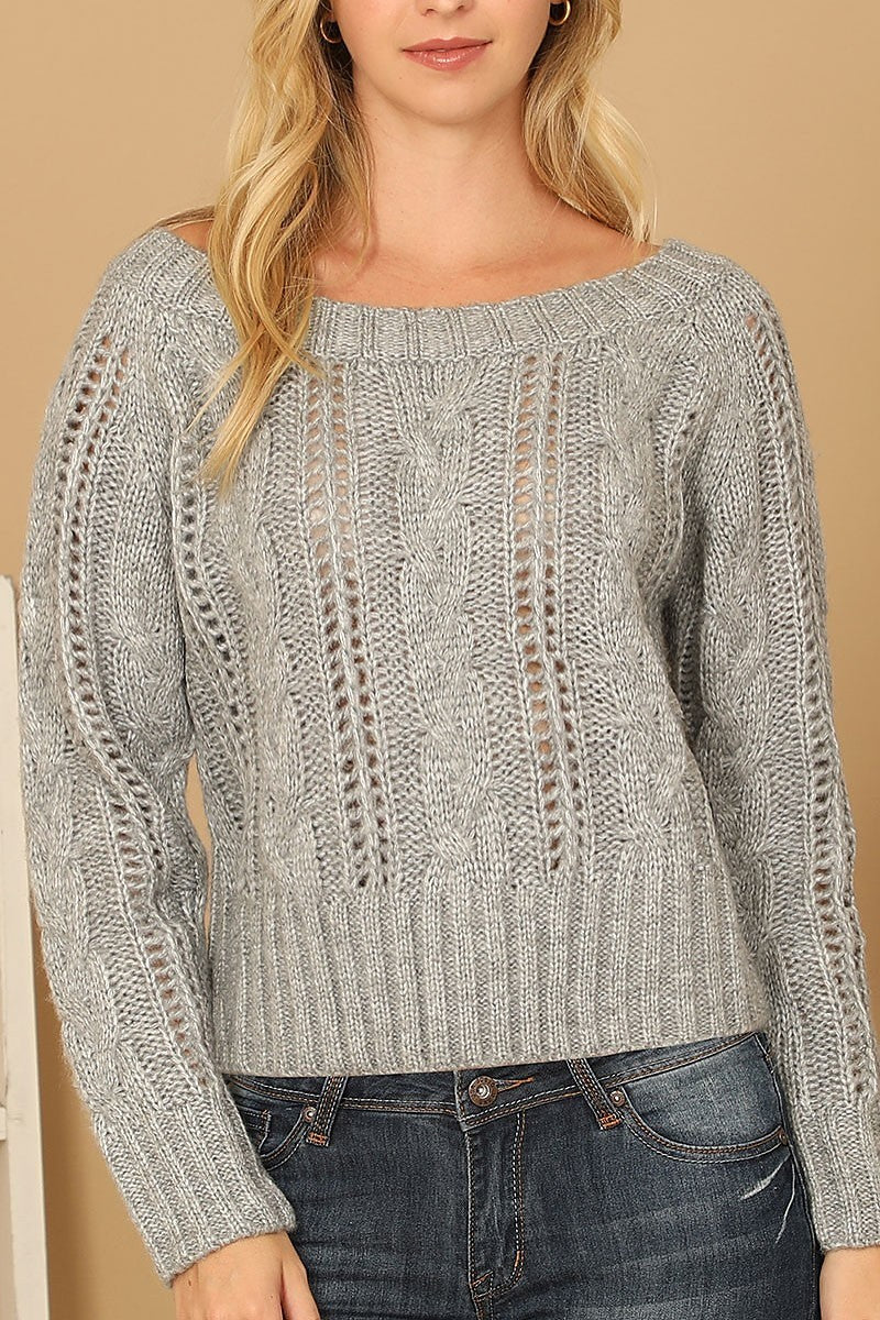 Chunky cable knit off shoulder crop sweater (DGS6722)