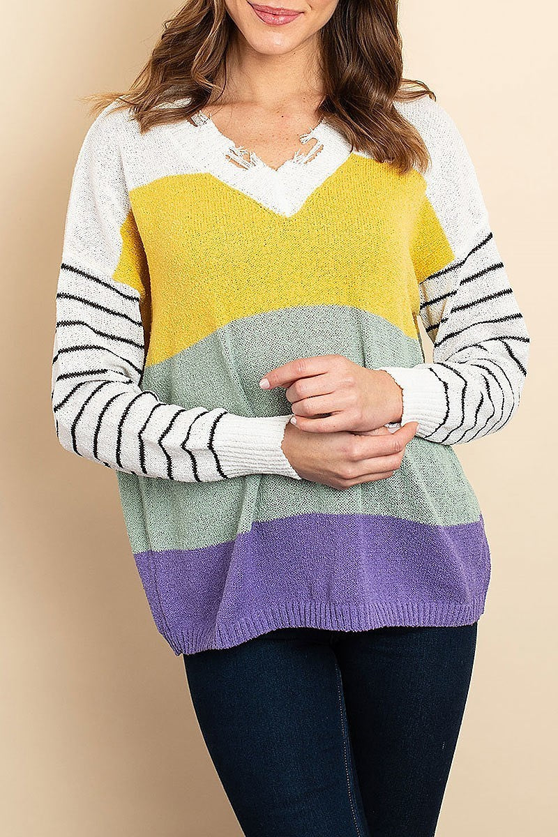 Distressed neck stripe color block sweater (DGS4973)