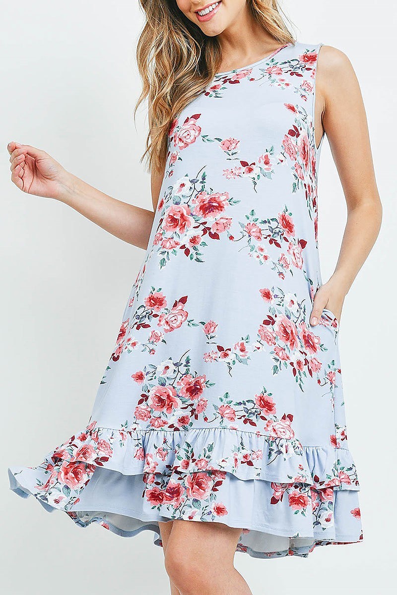 Sleeveless ruffle hem floral print pocket dress (DED6391)