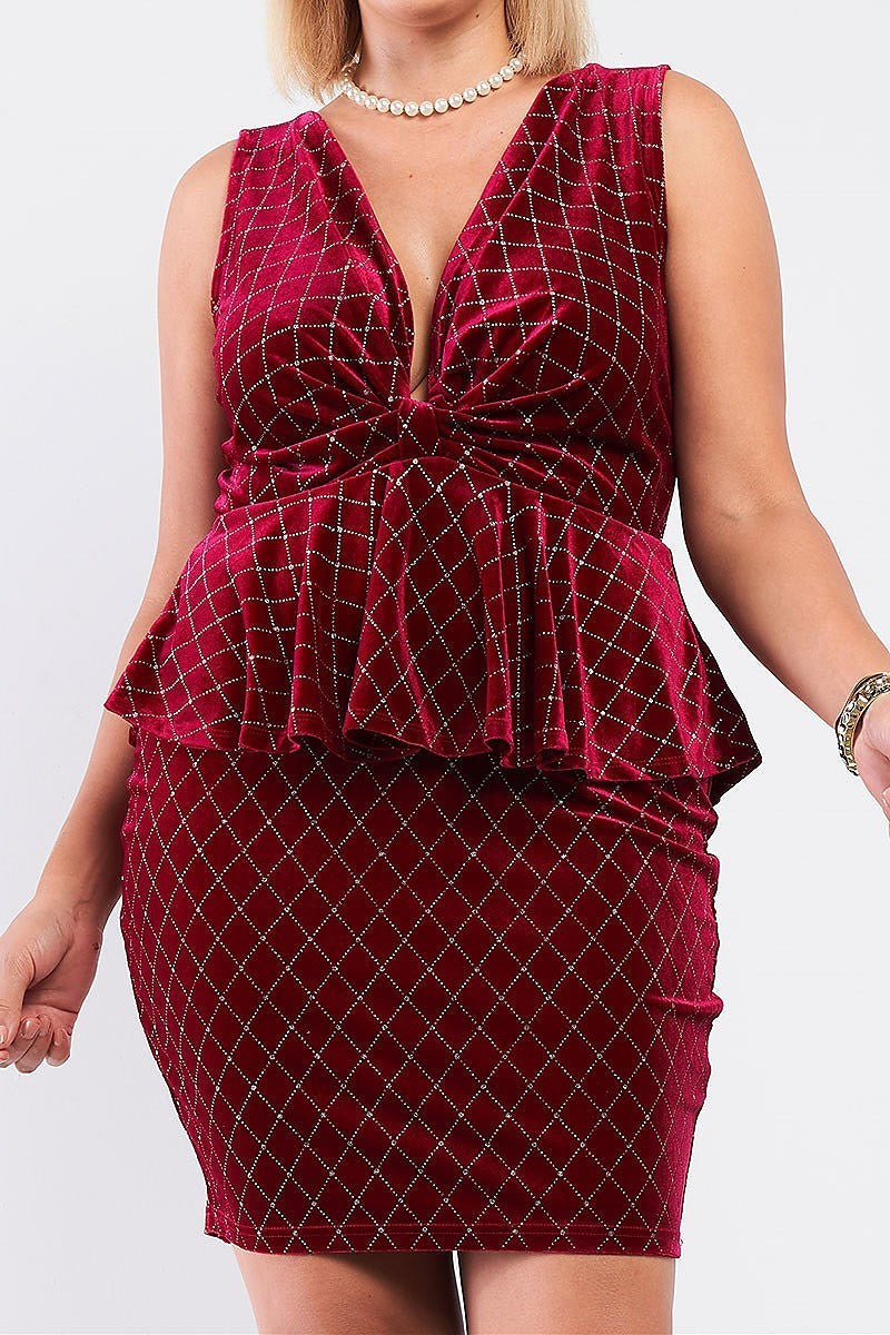 Glitter print plaid ruched peplum velvet dress (TDG7723)