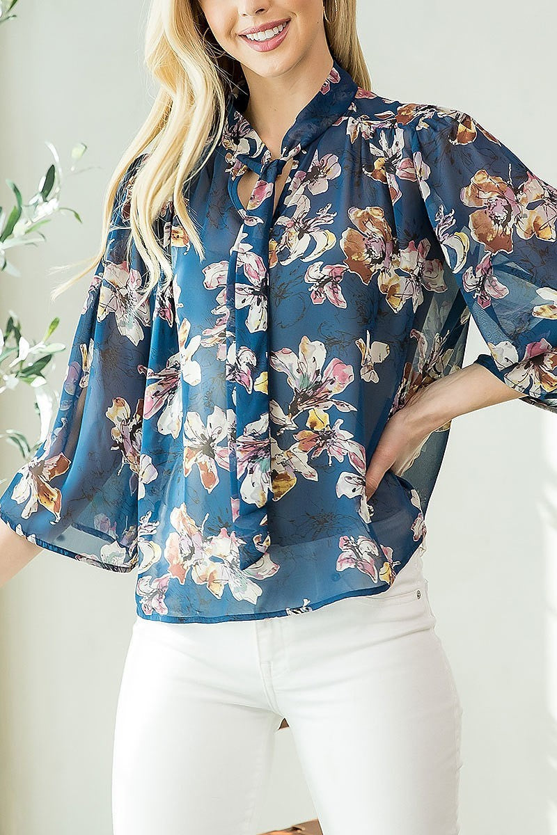 Floral print tie neck loose fit top (EF3935)