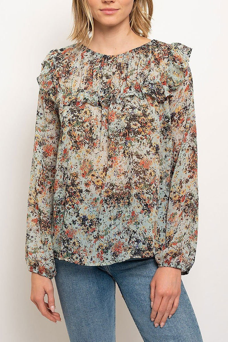 Floral print ruffle detail sheer top (EDWT2367)