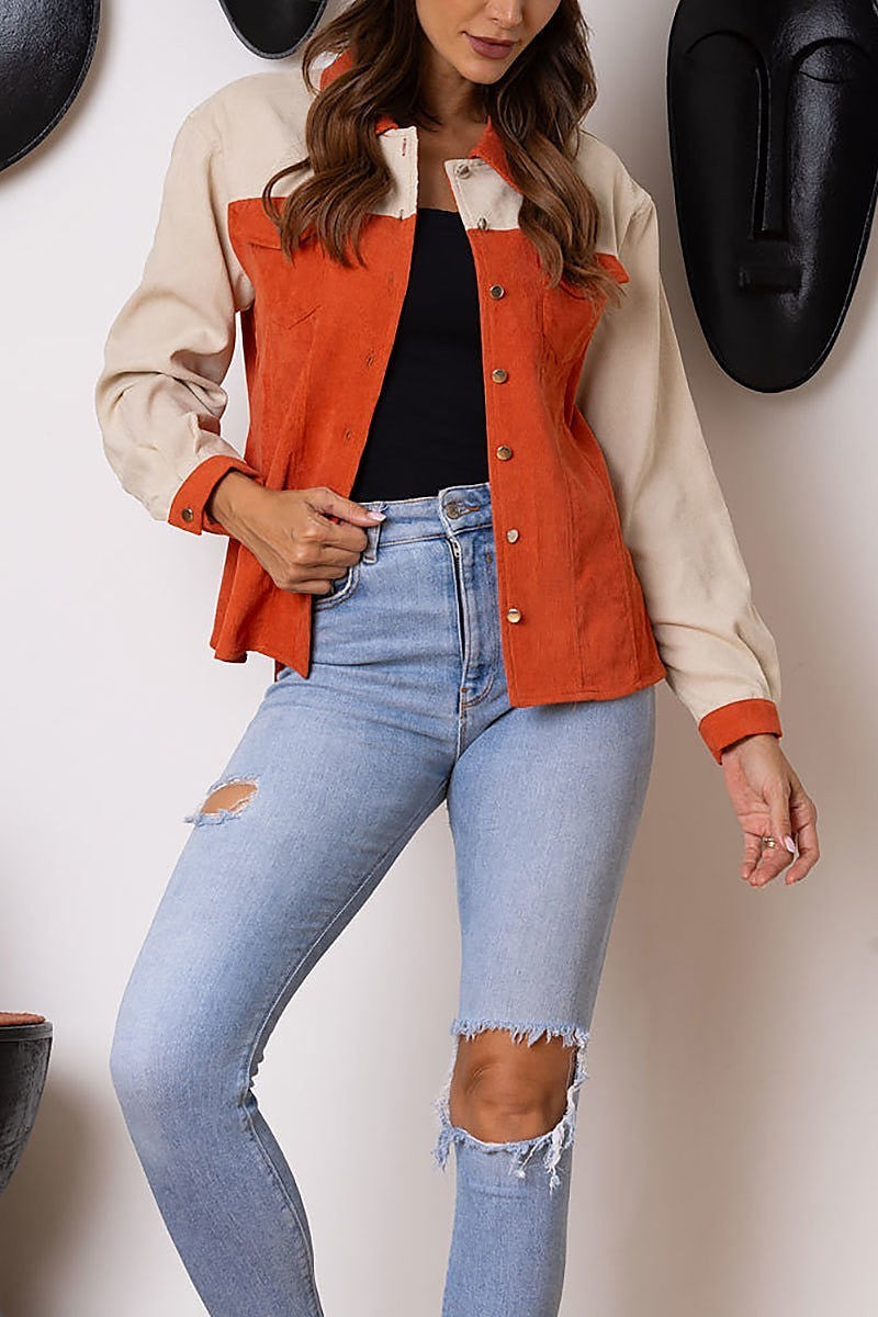 Color block corduroy long sleeves jacket (EDSW3662)