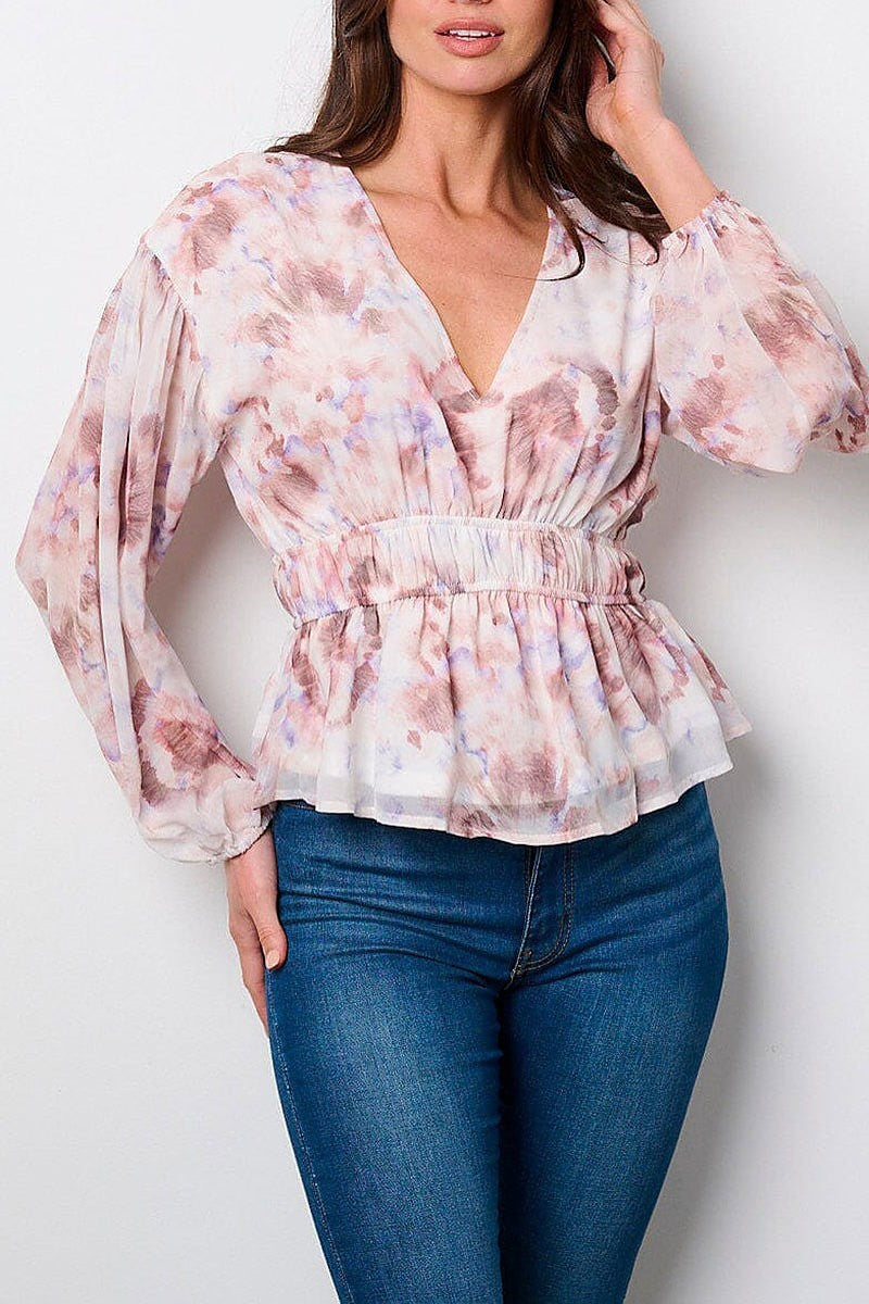 Long sleeve v-neck peplum tie dye blouse top (EFWT9124)