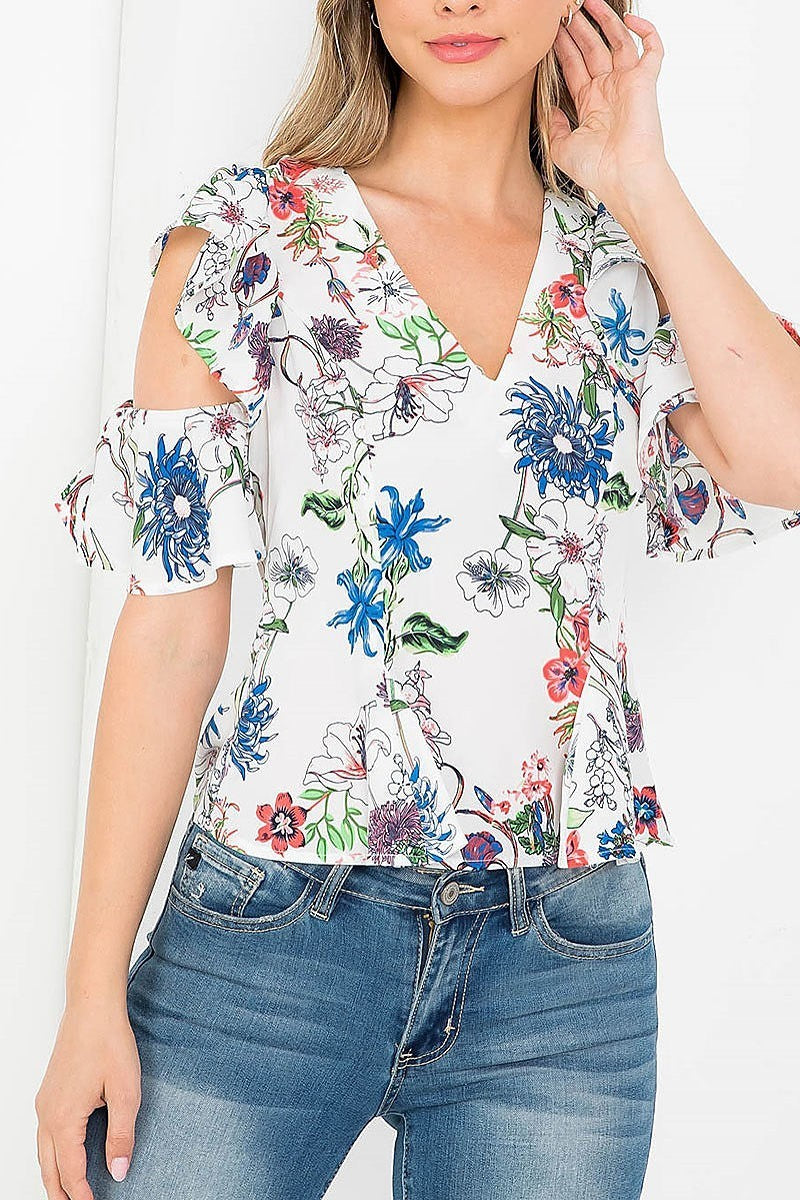 Floral print v neck cut out sleeve top (EF3553-MW1D)