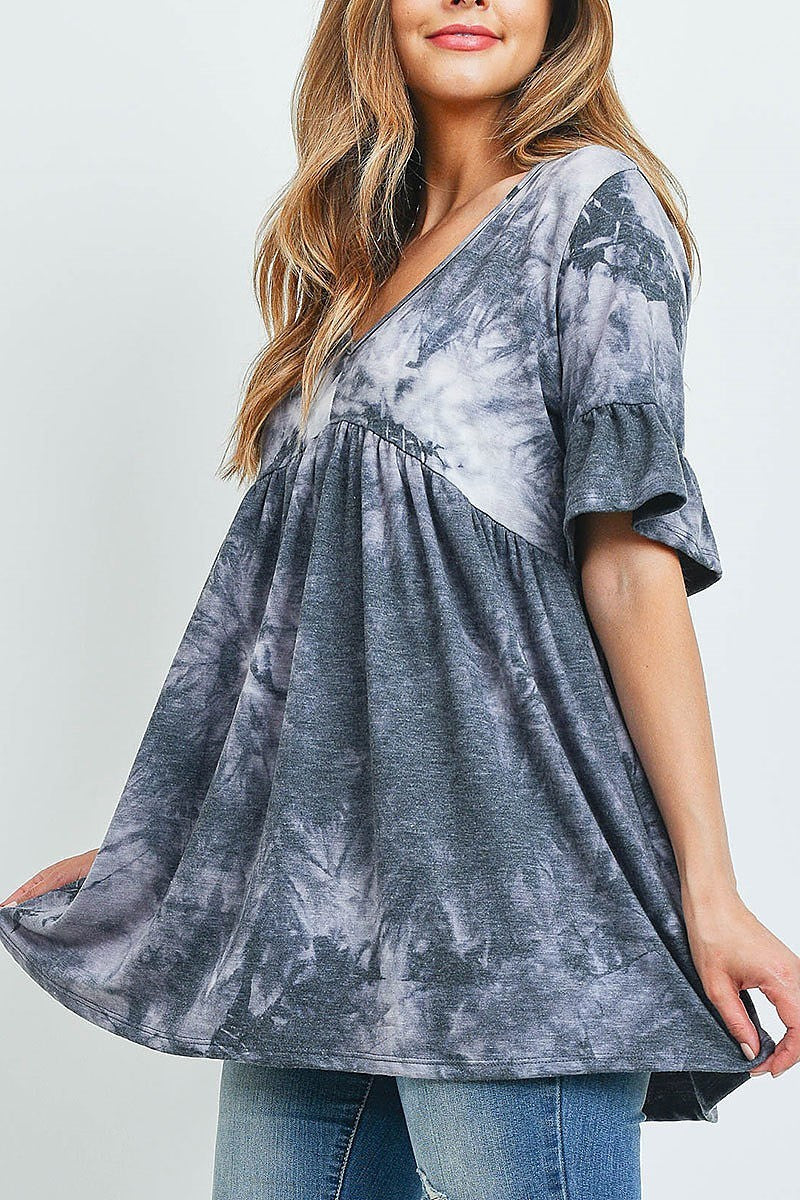 V neck ruffle sleeve tie dye top (ED9618)