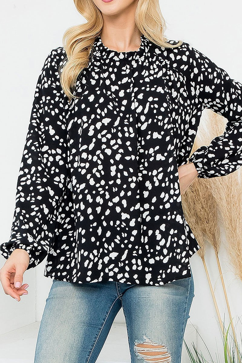 Puff sleeve merrow neckline animal print woven top (EF6828)