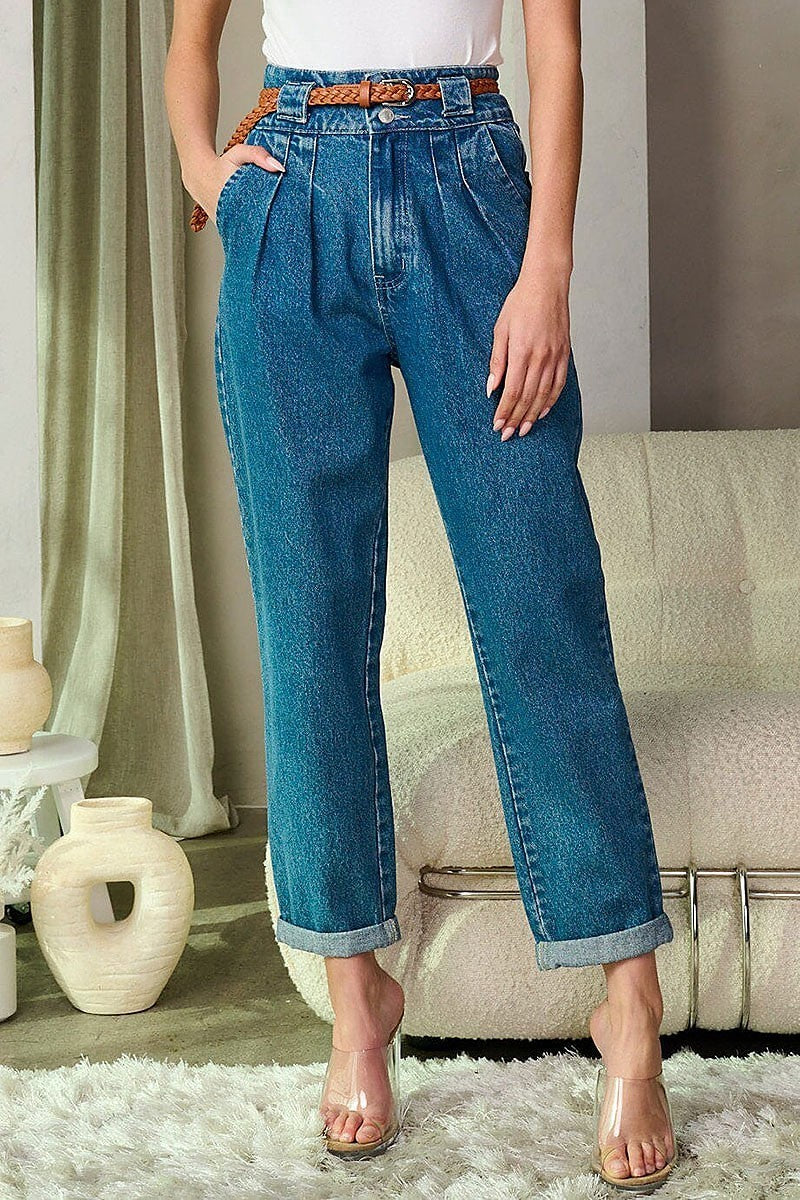 Button closure high waist belted denim pants (EFWT9311-1)