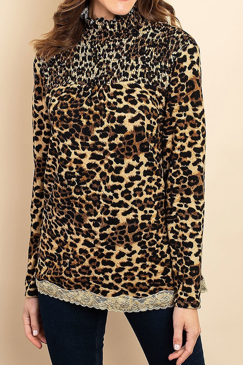 Long sleeve mock neck lace trim hem animal print blouse top (DGS4992-2)