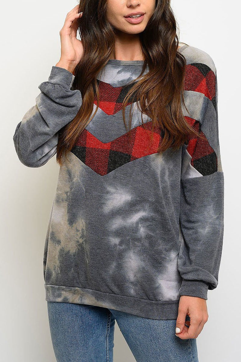 Plaid tie dye print long sleeve top (EDWT3298)