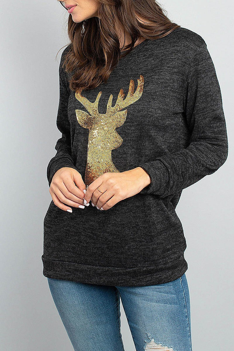 Brushed hacci sequins reindeer shape top (ED8318)