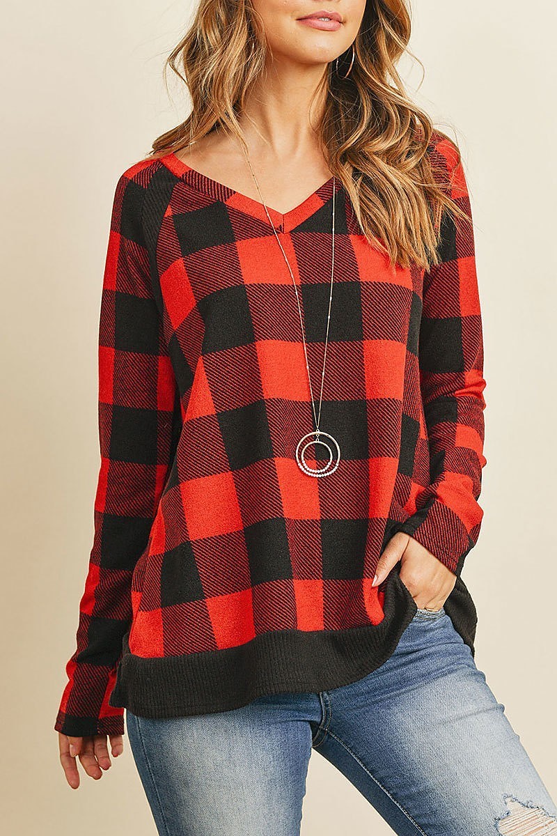 Checker plaid v neck long sleeve top (ED8092)