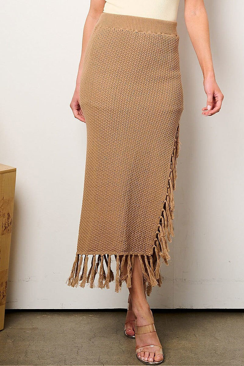 Elastic waist front slit fringe maxi skirt (EFWT8662)