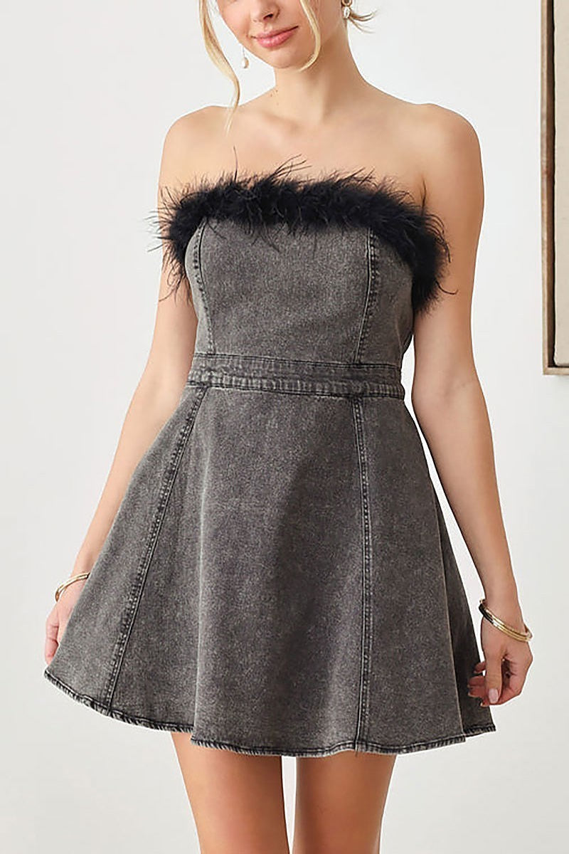 Strapless feather trim denim mini dress (TED2607)