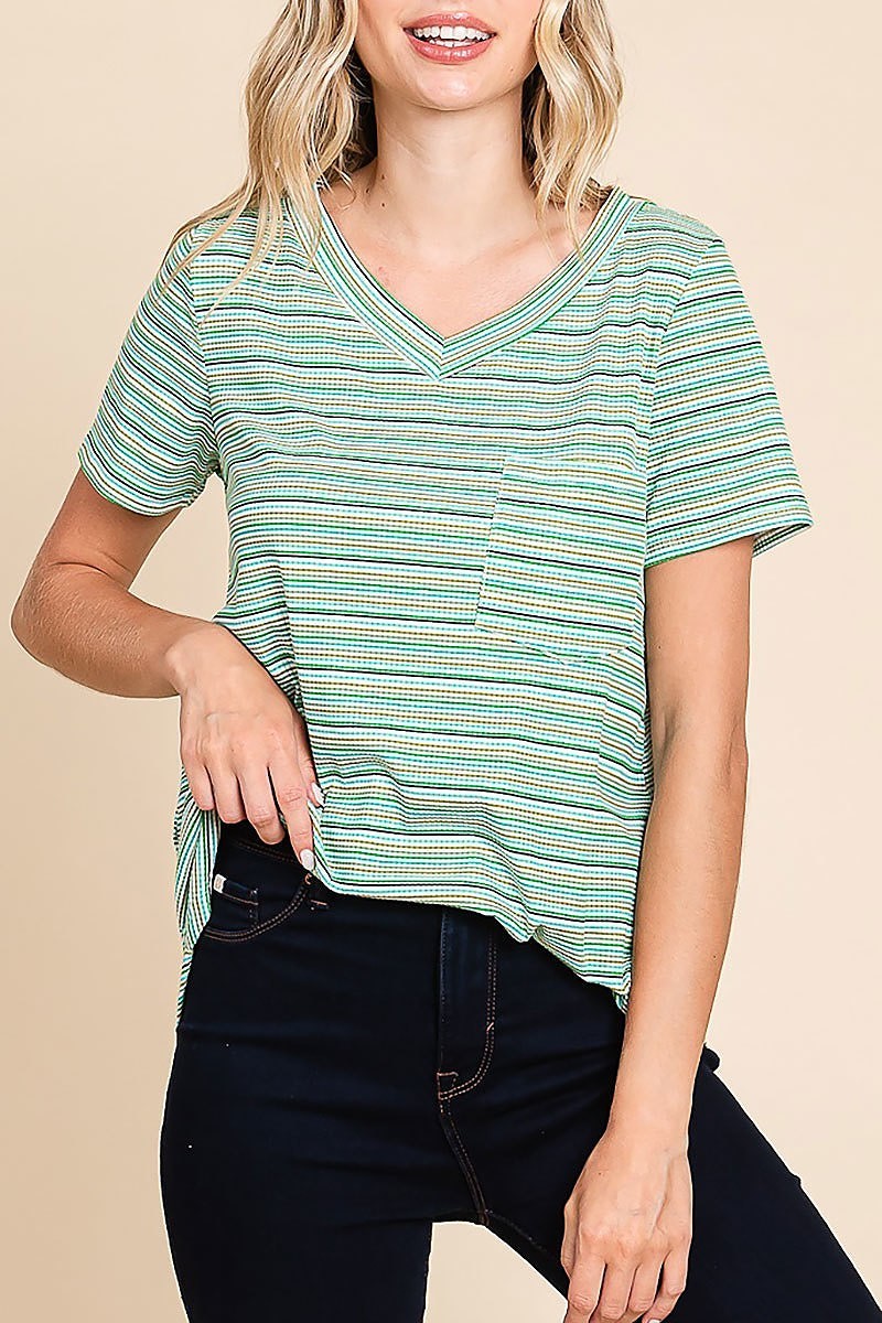 Multi color stripe waffle short sleeve knit top (EDH1512)