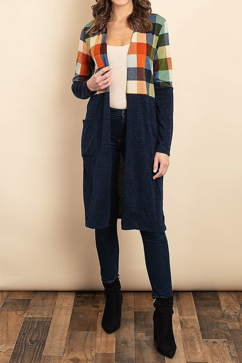 Checker color block pocket detail cardigan sweater (DGS4953-3)