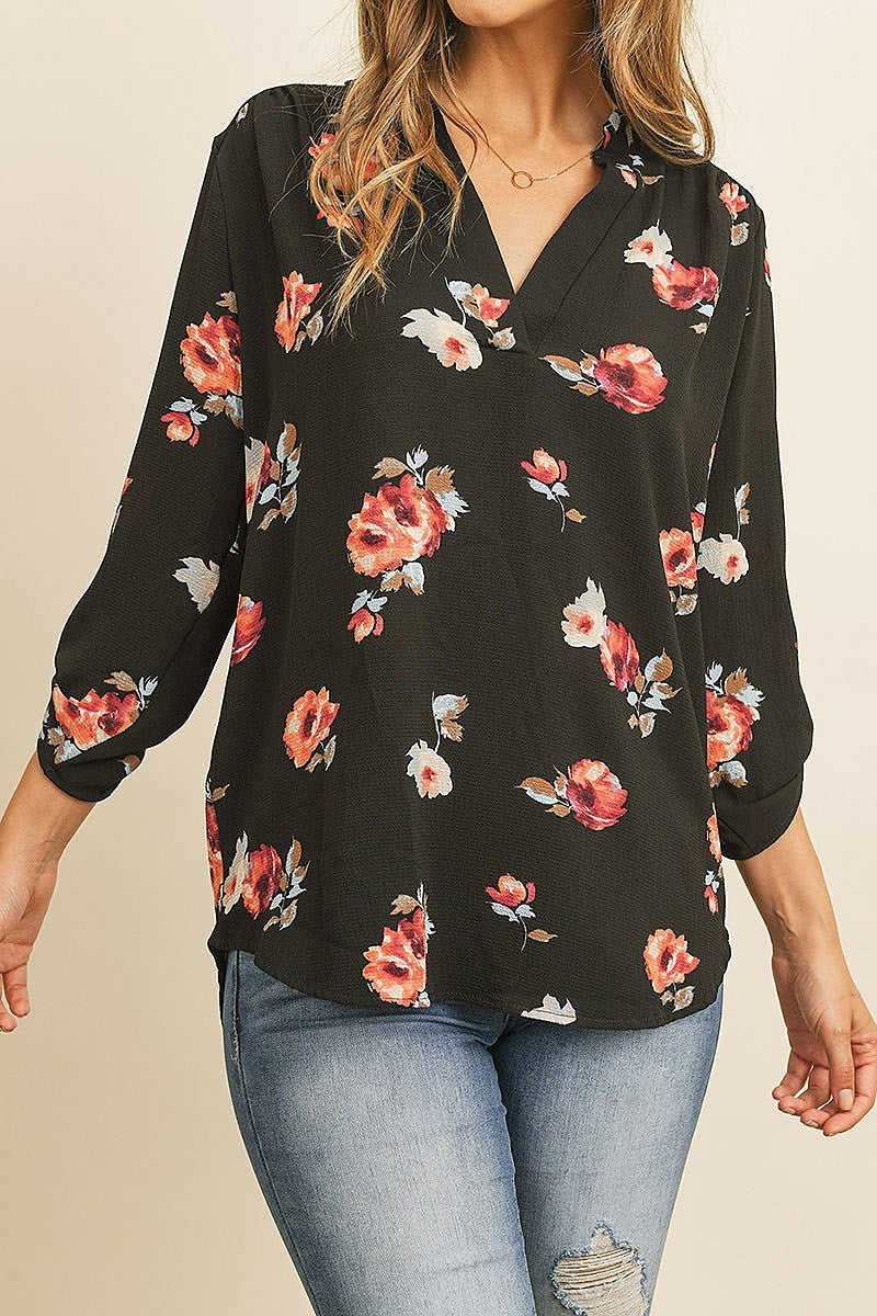 Roll up sleeve floral print v neck top (ED8085)