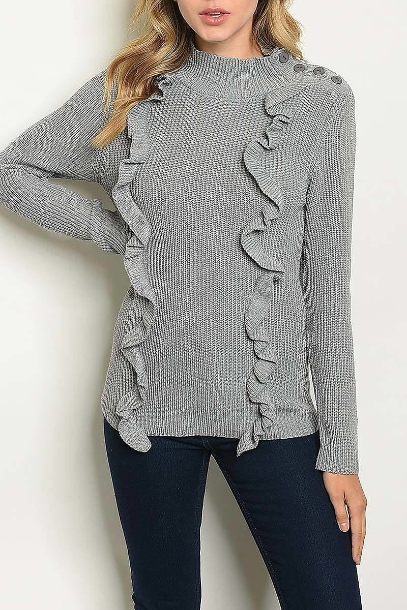 Mock neck button trimmed ruffle front sweater (DGS3460)