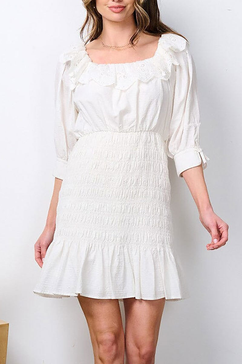 Short sleeve smock open back eyeley mini dress (EFWT7281)