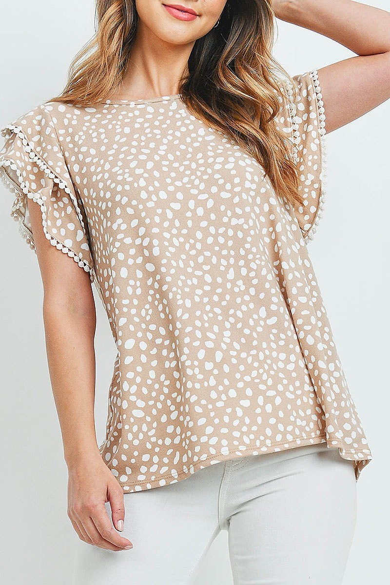 Pompom detail sleeves pebbles top (ED9790)