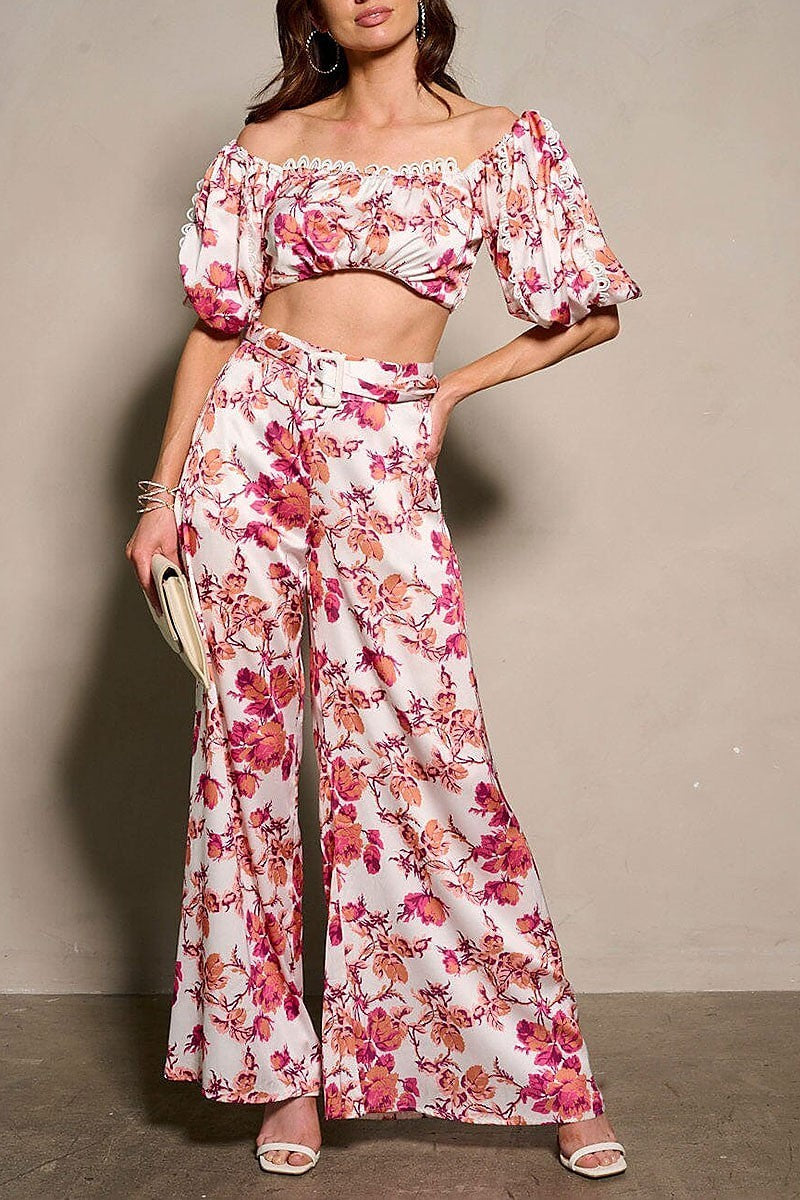 Short sleeve crop top & belted pants floral set (EFWT9512)