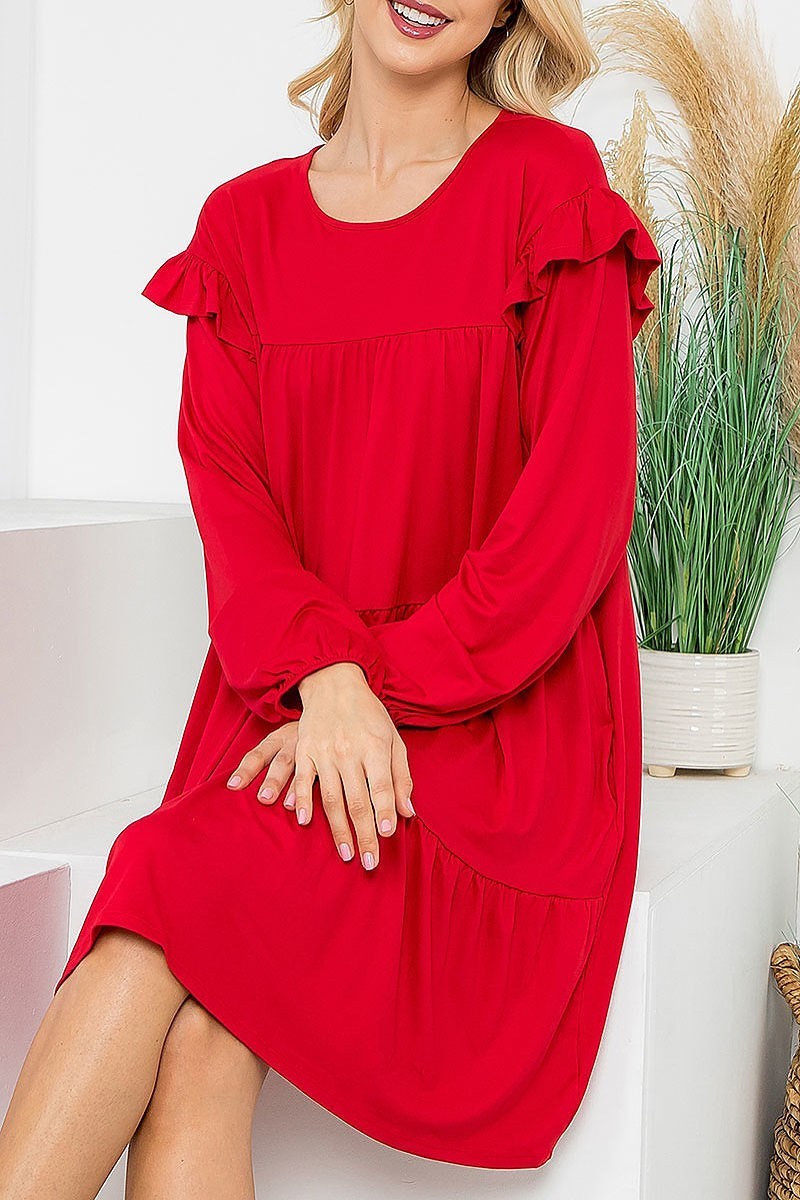 Long sleeve ruffle detail solid dress (DED8851)