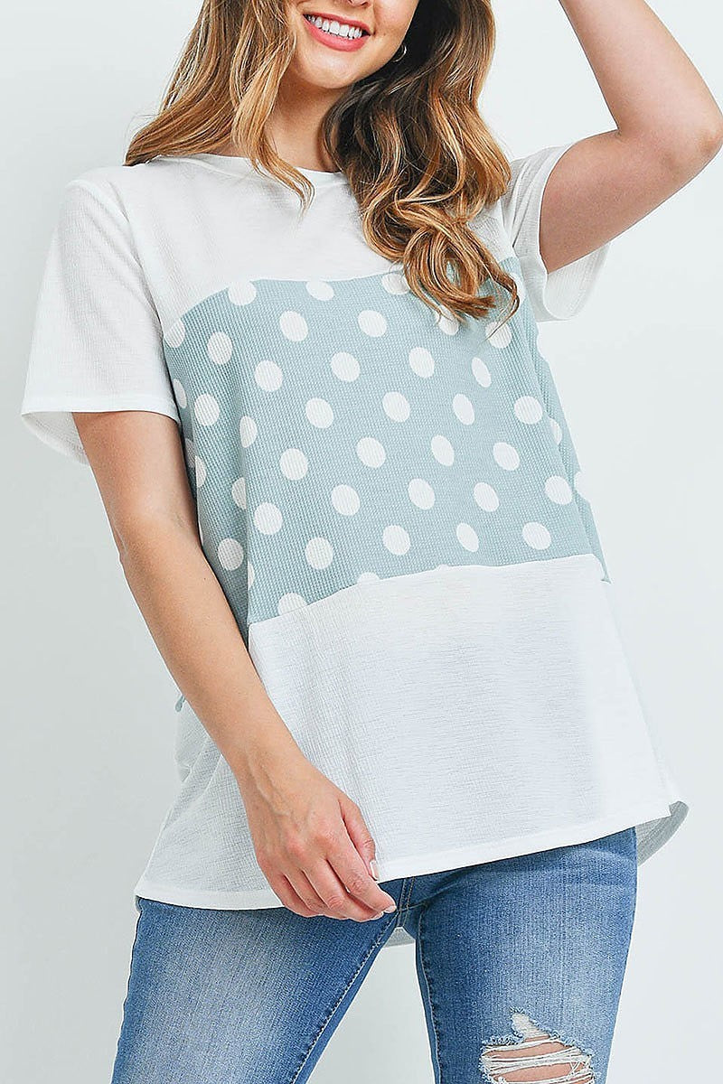 Polka dot contrast round neck top (ED9910)