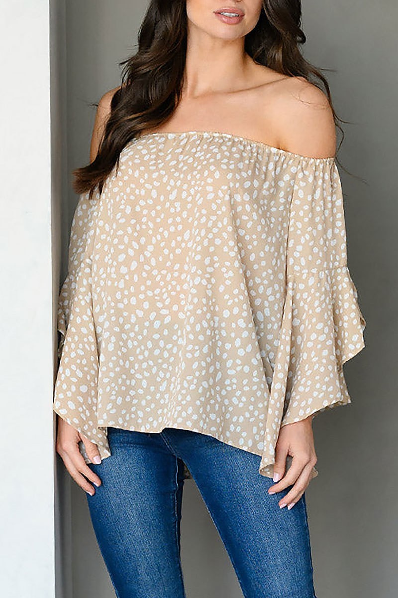 Off shoulder bell sleeve animal print tunic top (EDWT9403)