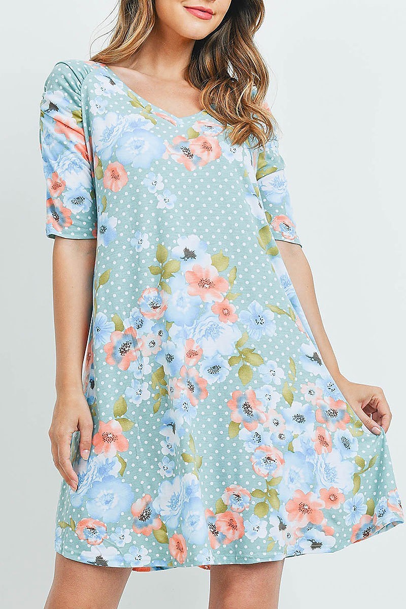 Ruched detail floral polka dot v neck dress (DED6275)