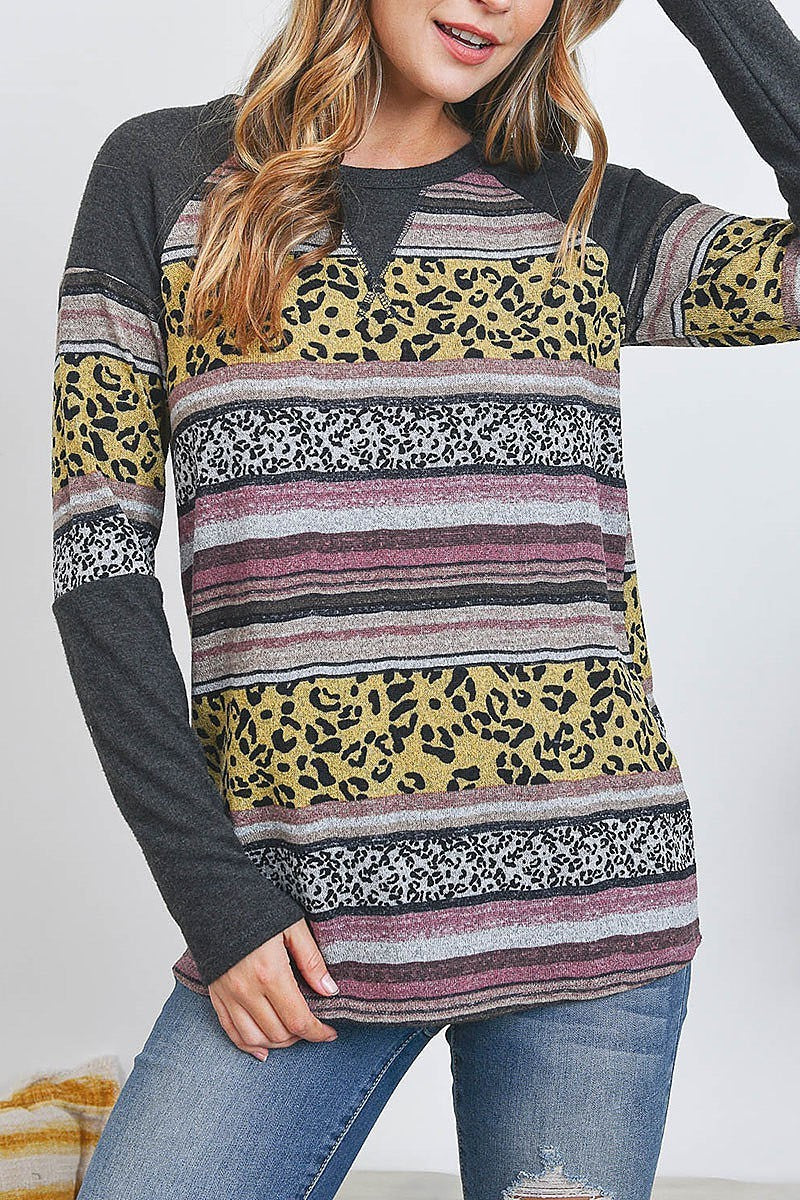 Multi color stripes leopard contrast top (EF2696)