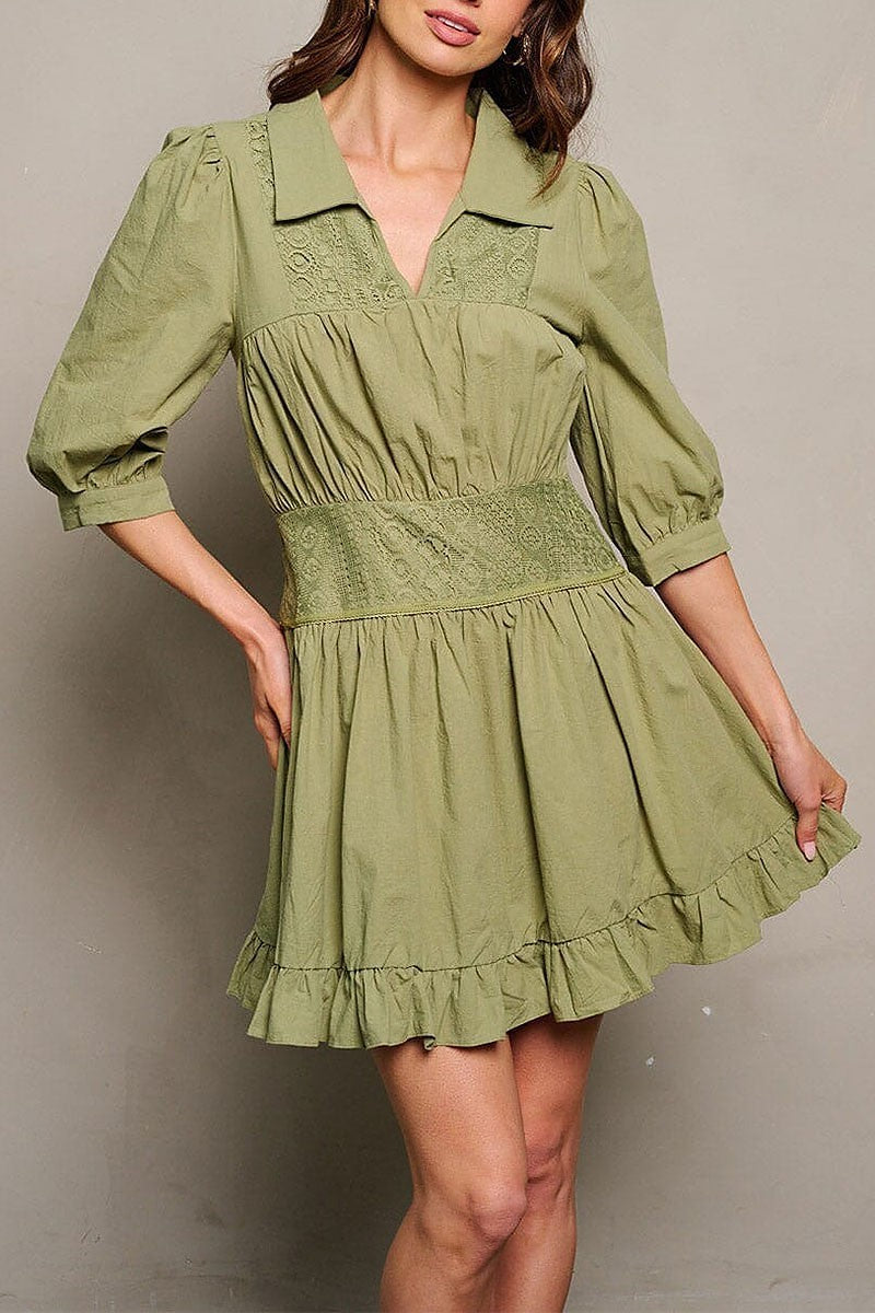 3/4 sleeve smock ruffle v-neck detailed mini dress (EGWT1822)