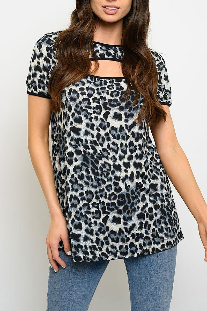 Cutout detail animal print top (EDWT3055)