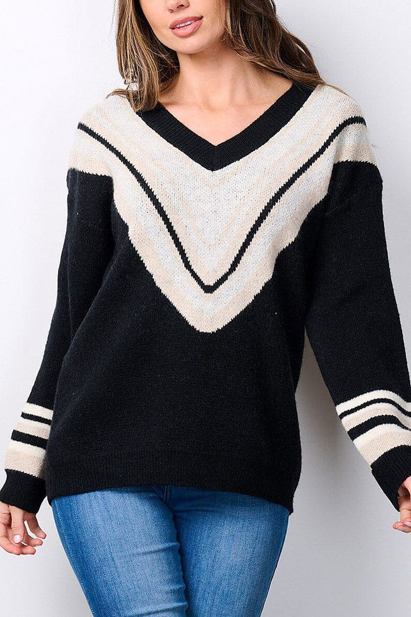 Long sleeve v-neck chevron print sweater (EFWT7496)