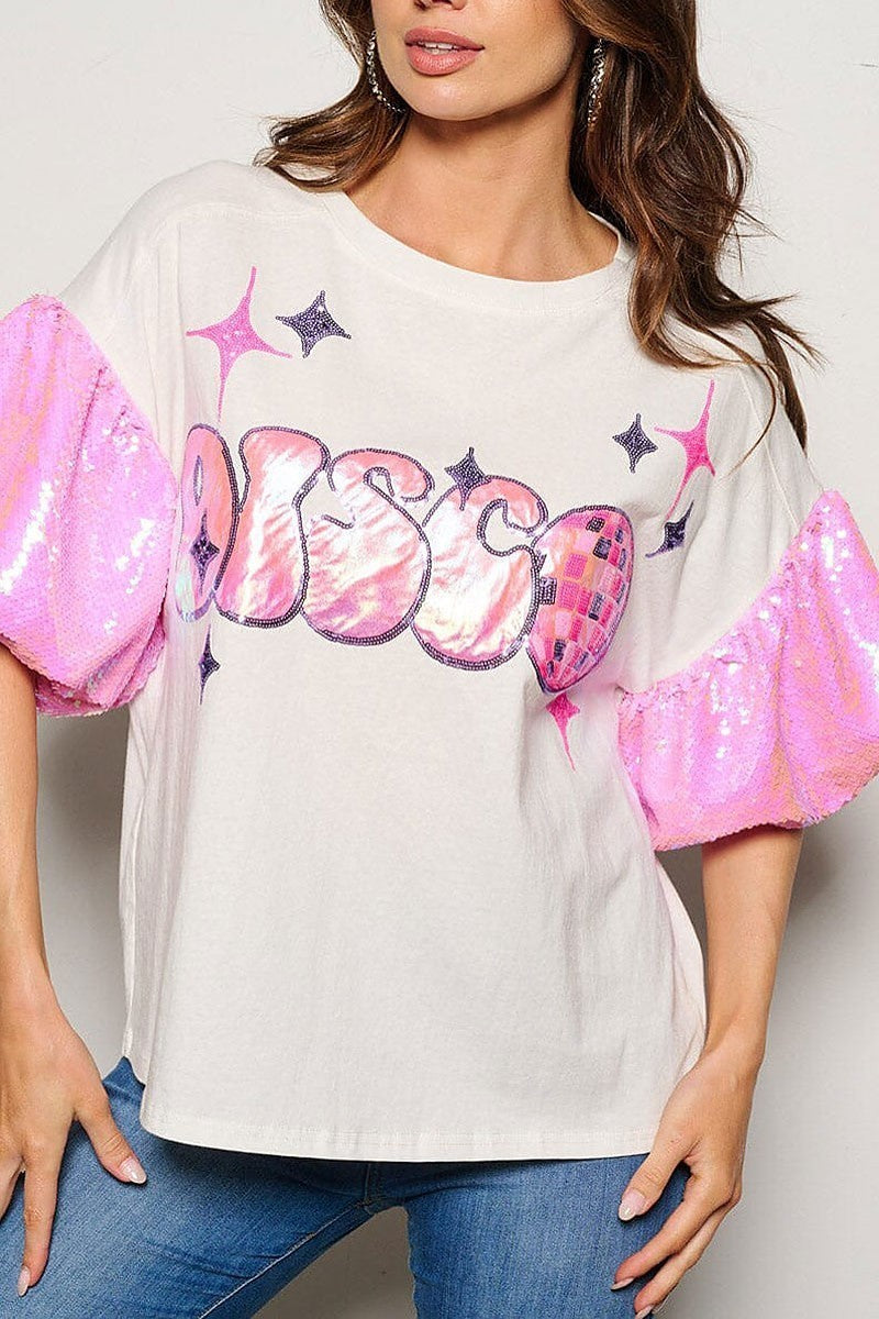 Short sleeve disco sequins graphic blouse top (EGWT1186)