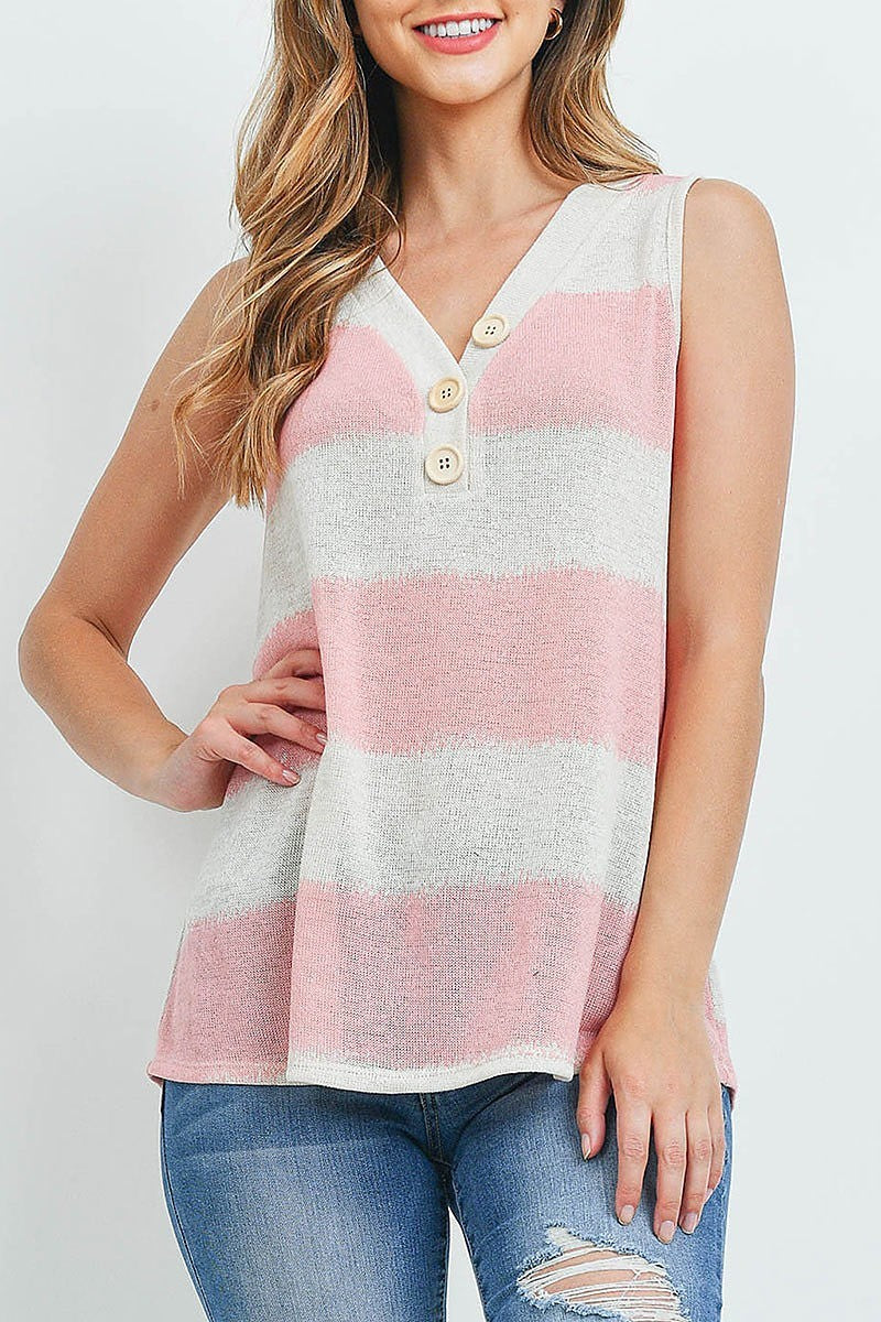 Button trimmed v neck stripe top (EF1461)