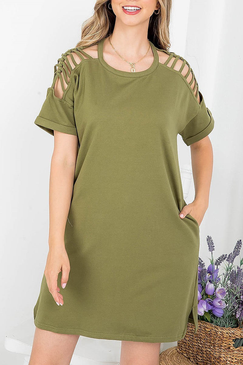 Terry cutout shoulder pocket dress (DED7513)