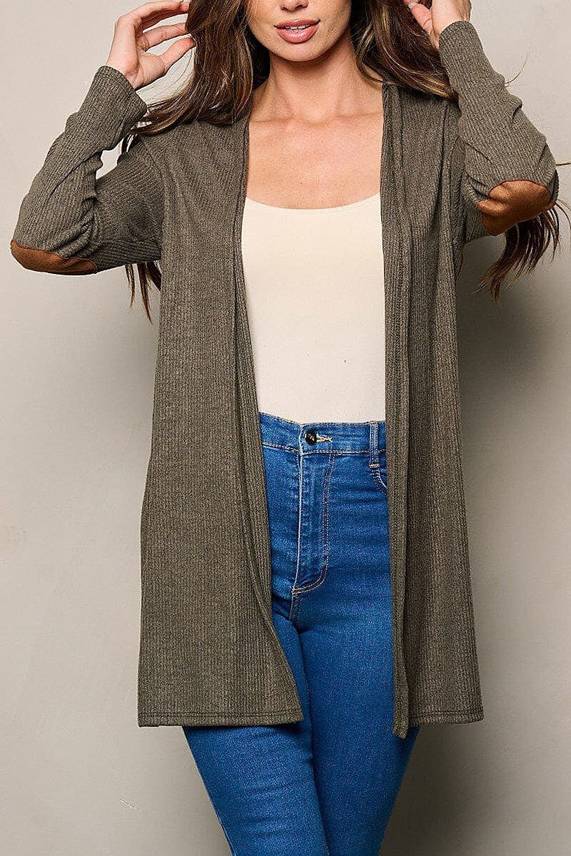 Long sleeve elbow patched open front cardigan (EFWT4494)