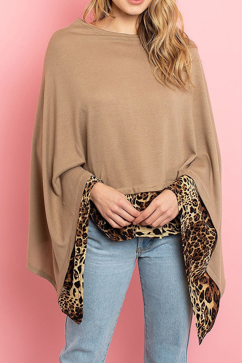 Leopard trim loose fit poncho cardigan (ED8200)