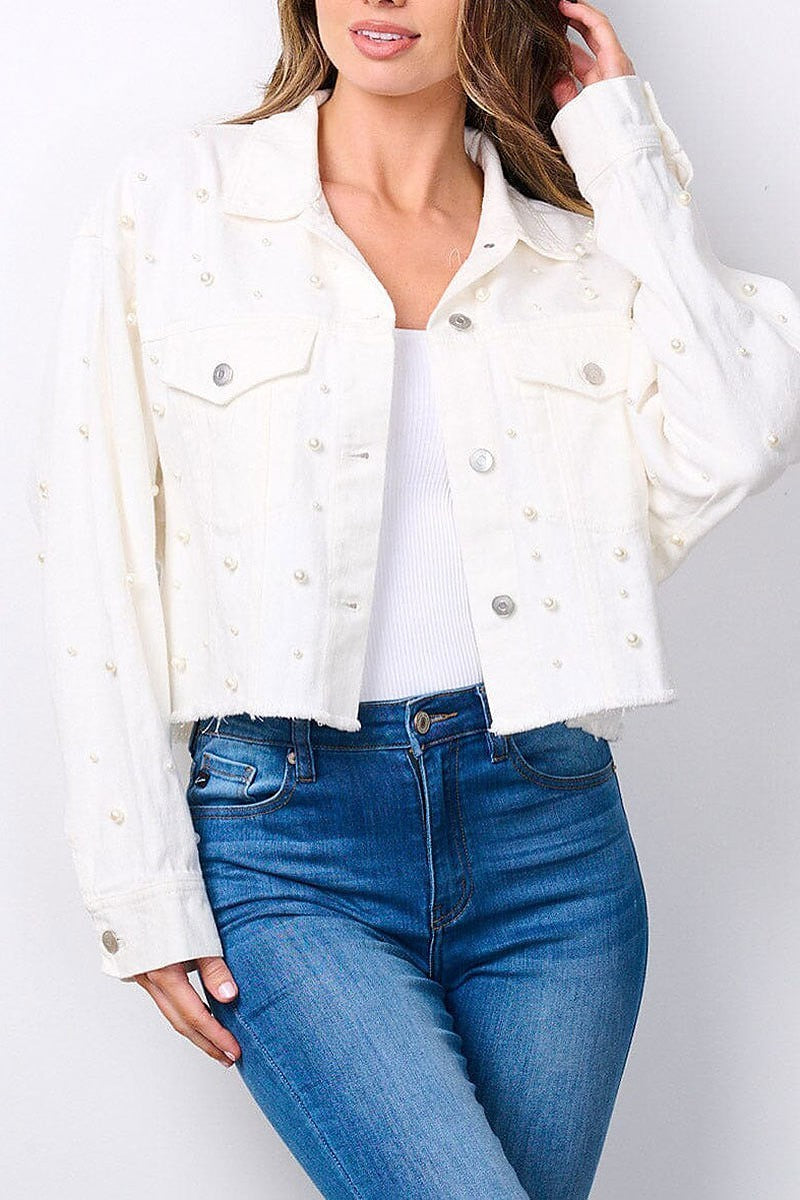 Button closure pearl detailed denim jacket (EFWT7596)