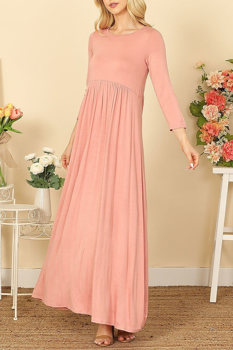 Quarter sleeve pleated waist solid maxi dress (DED9442)