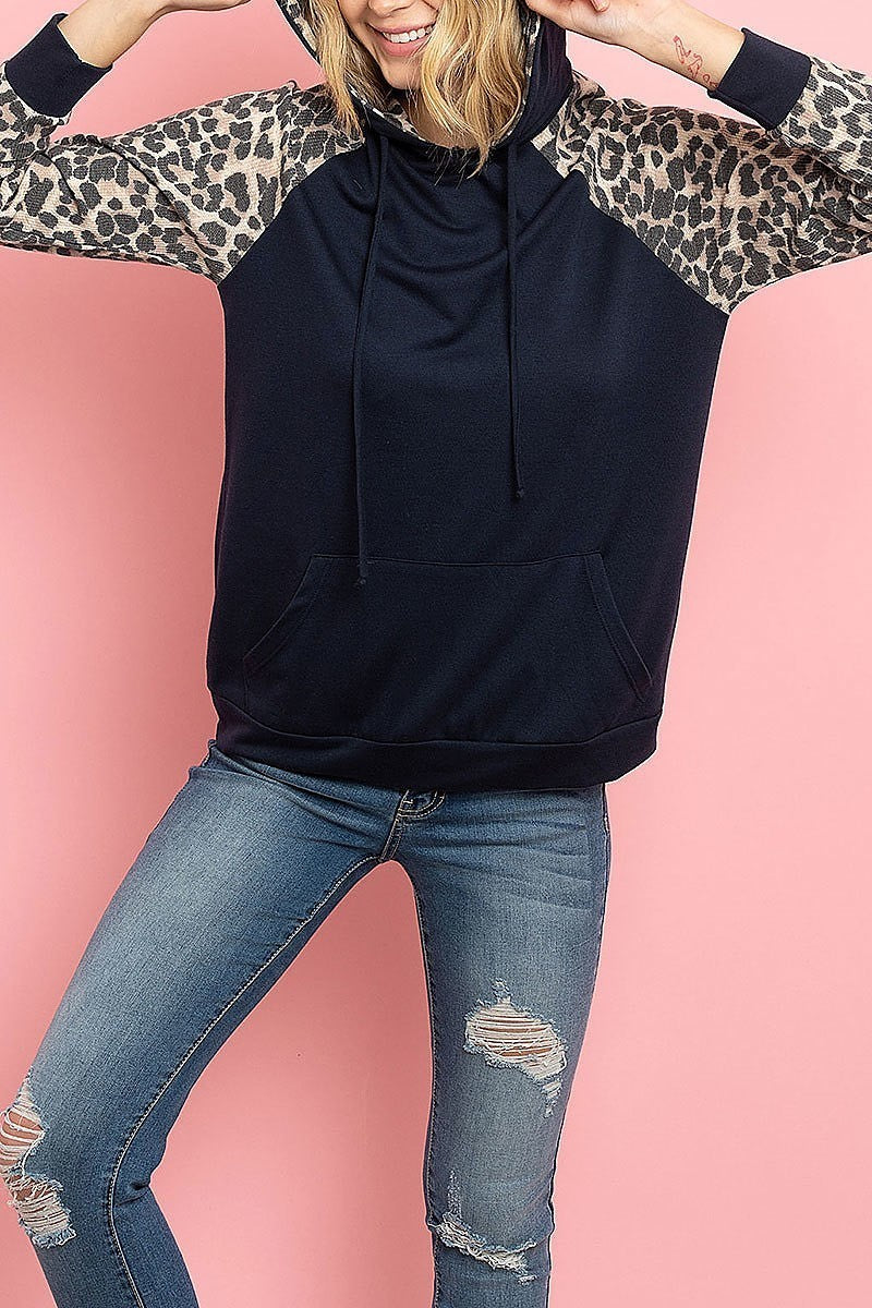 Leopard contrast kangaroo pocket hoodie with self tie (ED8349)