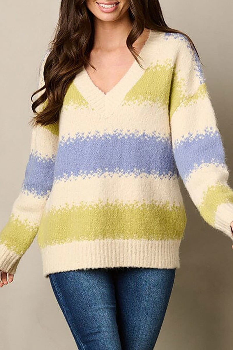 Long sleeve v-neck knit colorblock sweater (EFWT1929)